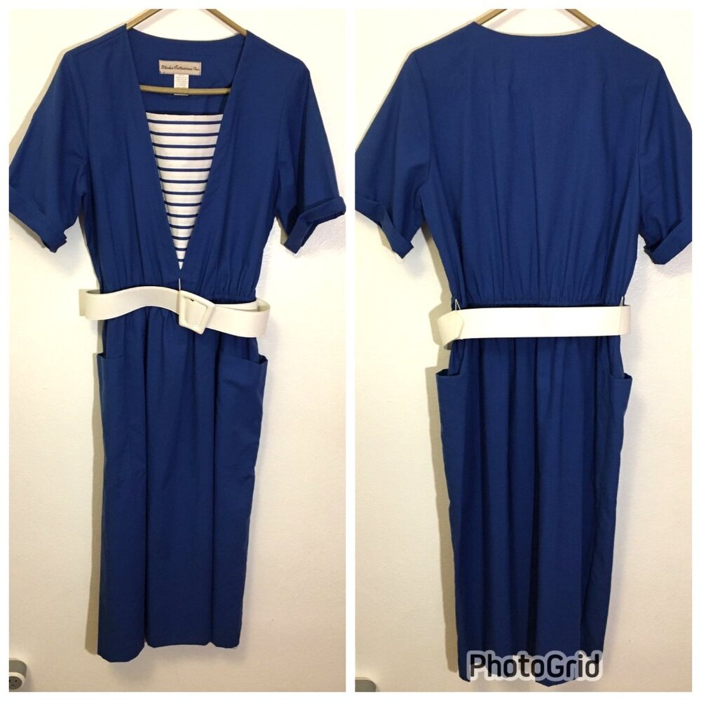 Vintage 80s Blue Dress White Stripes Wide Belt Stranger Things Sailor Retro (9)